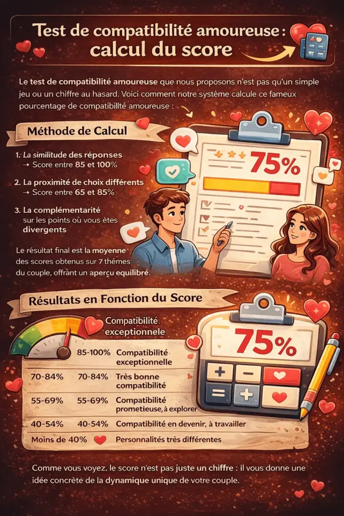 Infographie expliquant comment est calculé le score d’un test de compatibilité amoureuse avec les différents niveaux de résultats