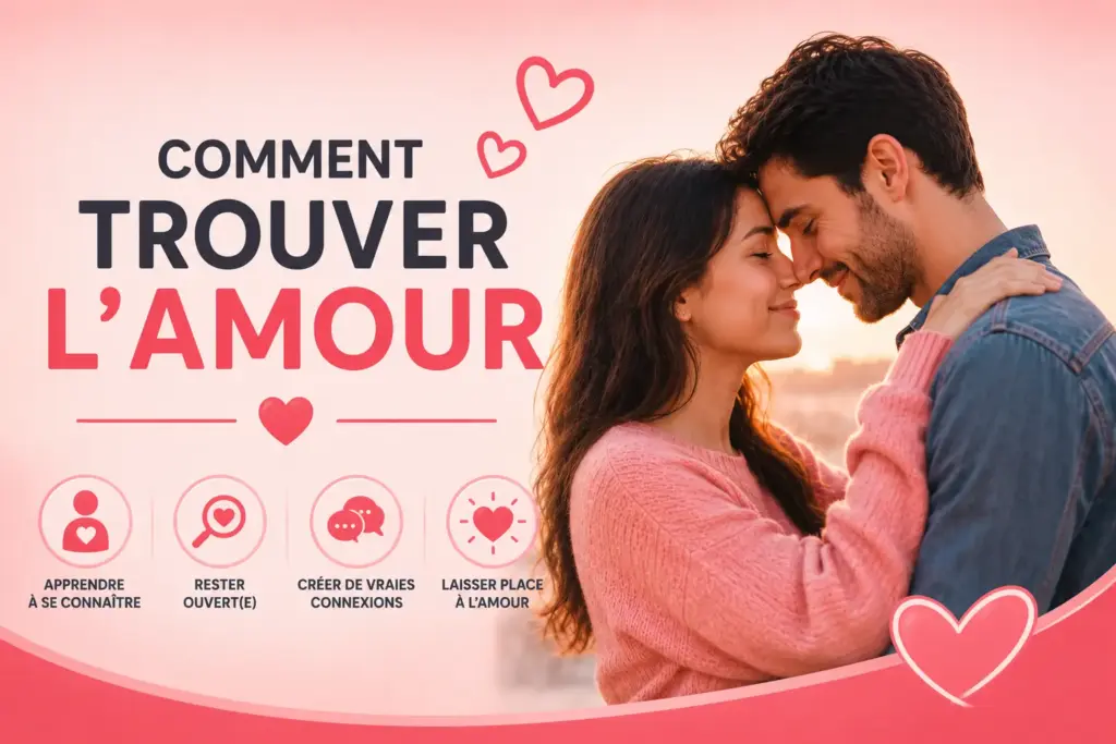 Illustration romantique avec conseils pour trouver l’amour et construire une relation sincère