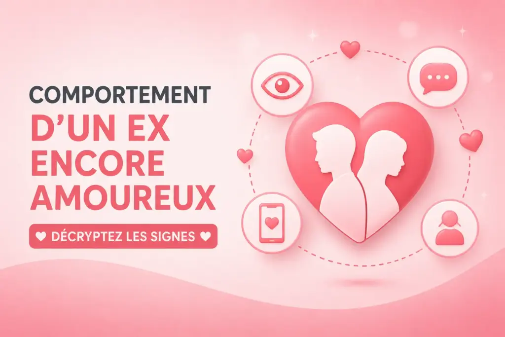 Illustration du comportement d’un ex encore amoureux avec symboles de relation et de sentiments amoureux