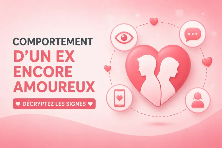 Illustration du comportement d’un ex encore amoureux avec symboles de relation et de sentiments amoureux