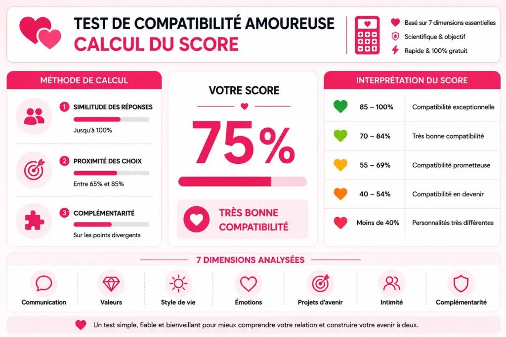 Infographie du calcul du score de compatibilité amoureuse et de l’interprétation des résultats